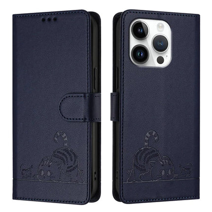 For iPhone 16 Pro Case with Strap RFID Blocking Leather Wallet Phone Cover Cat Mouse Pattern