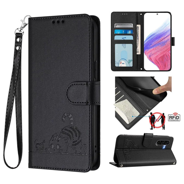 For Samsung Galaxy A16 4G / Galaxy A16 5G Case with Strap RFID Blocking Leather Wallet Phone Cover Cat Mouse Pattern - Black