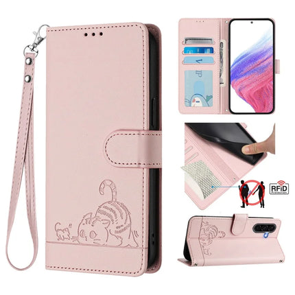 For Samsung Galaxy A16 4G / Galaxy A16 5G Case with Strap RFID Blocking Leather Wallet Phone Cover Cat Mouse Pattern - Pink