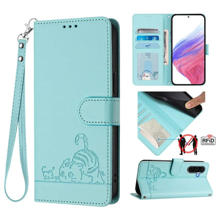 For Samsung Galaxy A16 4G / Galaxy A16 5G Case with Strap RFID Blocking Leather Wallet Phone Cover Cat Mouse Pattern - Mint Green