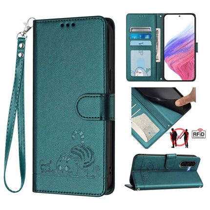 For Samsung Galaxy A16 4G / Galaxy A16 5G Case with Strap RFID Blocking Leather Wallet Phone Cover Cat Mouse Pattern - Dark Green