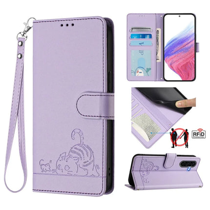 For Samsung Galaxy A16 4G / Galaxy A16 5G Case with Strap RFID Blocking Leather Wallet Phone Cover Cat Mouse Pattern - Purple
