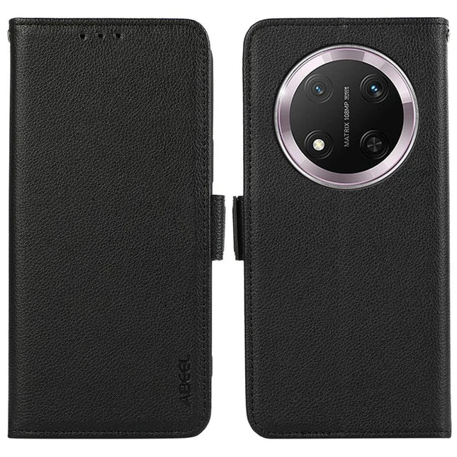 ABEEL For Honor Magic7 Lite 5G / X9c 5G / X60 Pro 5G Case Litchi Texture Leather RFID Blocking Phone Cover - Black
