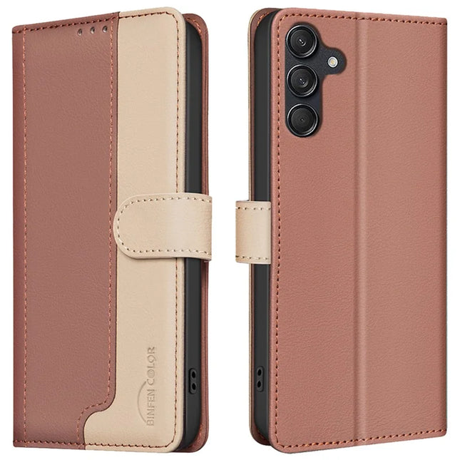 BINFEN COLOR BF33 for Samsung Galaxy A26 5G Leather Case Splicing Color RFID Blocking - Brown