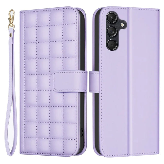 BINFEN COLOR BF34 for Samsung Galaxy A56 5G Leather Case Wallet Square Grid Phone Cover - Light Purple