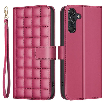 BINFEN COLOR BF34 for Samsung Galaxy A56 5G Leather Case Wallet Square Grid Phone Cover - Red