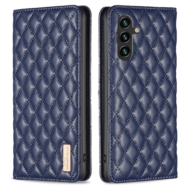 BINFEN COLOR BF Style-16 For Samsung Galaxy A56 5G Case Card Slots Rhombus Leather Cover - Blue