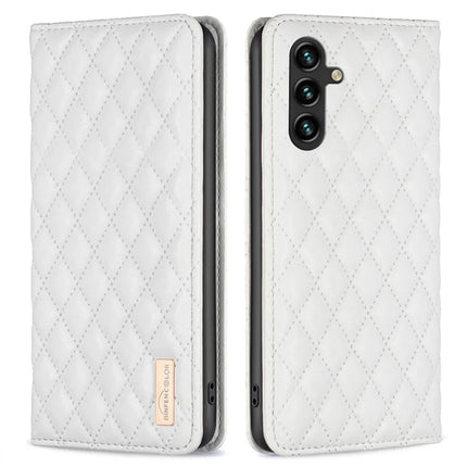 BINFEN COLOR BF Style-16 For Samsung Galaxy A56 5G Case Card Slots Rhombus Leather Cover - White