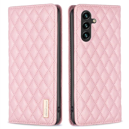 BINFEN COLOR BF Style-16 For Samsung Galaxy A56 5G Case Card Slots Rhombus Leather Cover - Pink