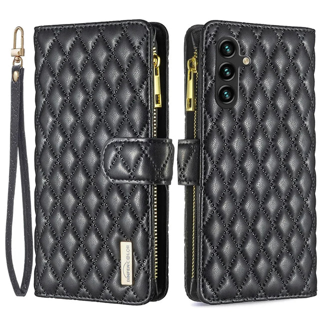 BINFEN COLOR BF Style-15 For Samsung Galaxy A56 5G Leather Case Zipper Pocket Rhombus Phone Cover - Black