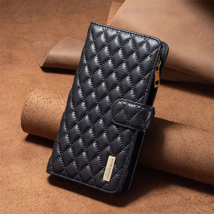 BINFEN COLOR BF Style-15 For Samsung Galaxy A56 5G Leather Case Zipper Pocket Rhombus Phone Cover