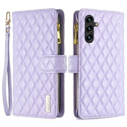 BINFEN COLOR BF Style-15 For Samsung Galaxy A56 5G Leather Case Zipper Pocket Rhombus Phone Cover - Purple