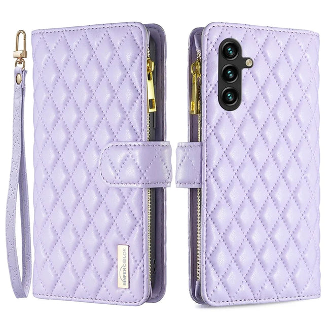 BINFEN COLOR BF Style-15 For Samsung Galaxy A56 5G Leather Case Zipper Pocket Rhombus Phone Cover - Purple
