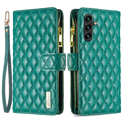 BINFEN COLOR BF Style-15 For Samsung Galaxy A56 5G Leather Case Zipper Pocket Rhombus Phone Cover - Green