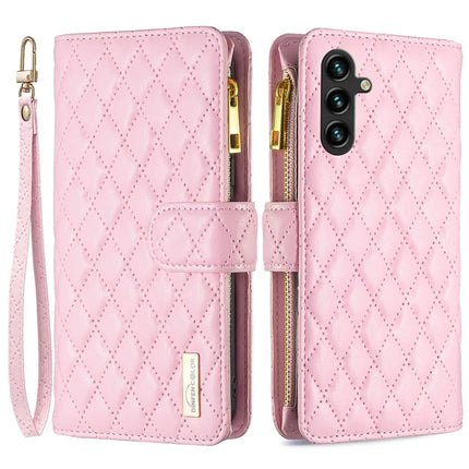 BINFEN COLOR BF Style-15 For Samsung Galaxy A56 5G Leather Case Zipper Pocket Rhombus Phone Cover - Pink