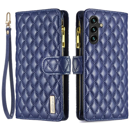 BINFEN COLOR BF Style-15 For Samsung Galaxy A56 5G Leather Case Zipper Pocket Rhombus Phone Cover - Blue