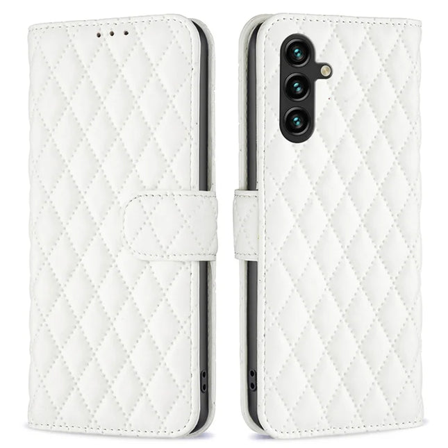 BINFEN COLOR BF Style-14 For Samsung Galaxy A56 5G Case Rhombus Phone Leather Cover Stand - White