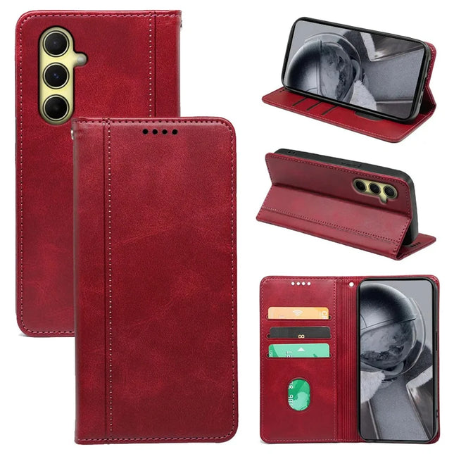 For Samsung Galaxy A56 5G Case Hidden Magnetic Closure Calf Texture Leather Phone Cover - Red