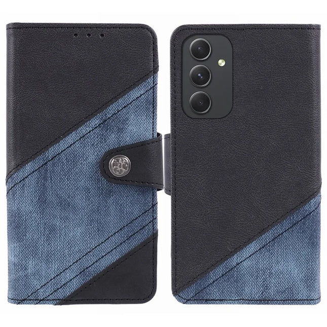 For Samsung Galaxy A56 5G Case Splicing Texture Leather Phone Cover Viewing Stand - Black