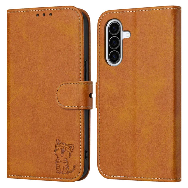 For Samsung Galaxy A36 5G Case Happy Cat Pattern Imprinted Leather Wallet Phone Cover - Yellow