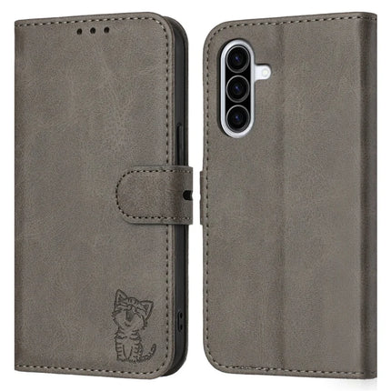 For Samsung Galaxy A36 5G Case Happy Cat Pattern Imprinted Leather Wallet Phone Cover - Grey