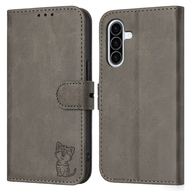 For Samsung Galaxy A36 5G Case Happy Cat Pattern Imprinted Leather Wallet Phone Cover - Grey