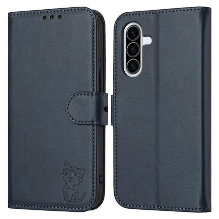 For Samsung Galaxy A36 5G Case Happy Cat Pattern Imprinted Leather Wallet Phone Cover - Blue