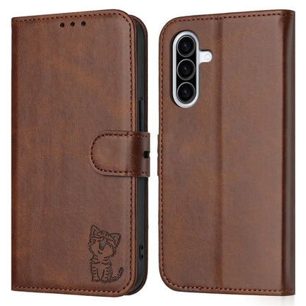For Samsung Galaxy A36 5G Case Happy Cat Pattern Imprinted Leather Wallet Phone Cover - Brown