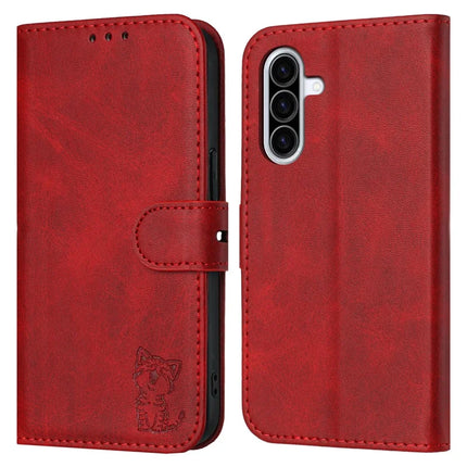 For Samsung Galaxy A36 5G Case Happy Cat Pattern Imprinted Leather Wallet Phone Cover - Red