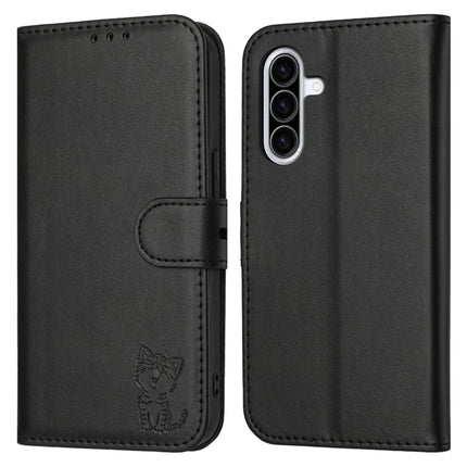 For Samsung Galaxy A36 5G Case Happy Cat Pattern Imprinted Leather Wallet Phone Cover - Black
