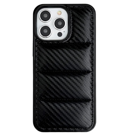 For iPhone 16 Pro Case Carbon Fiber Puffer Jacket Leather+TPU Shockproof Phone Cover - Black