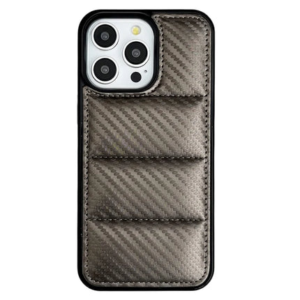 For iPhone 16 Pro Max Case Carbon Fiber Puffer Jacket Leather+TPU Shockproof Phone Cover - Grey