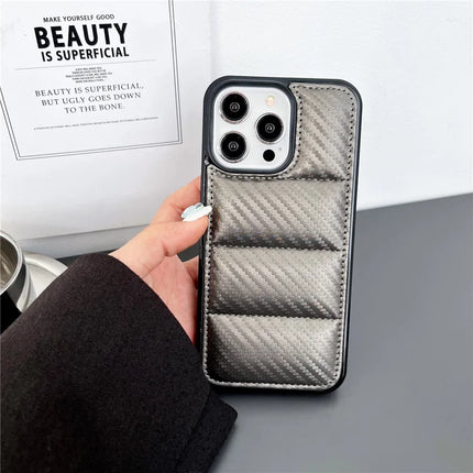 For iPhone 16 Pro Max Case Carbon Fiber Puffer Jacket Leather+TPU Shockproof Phone Cover