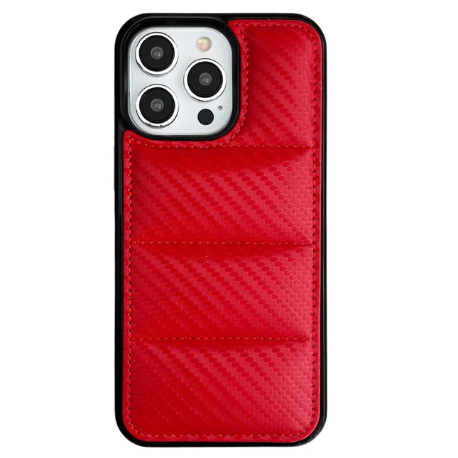 For iPhone 16 Pro Max Case Carbon Fiber Puffer Jacket Leather+TPU Shockproof Phone Cover - Red