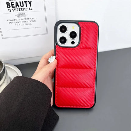 For iPhone 16 Pro Max Case Carbon Fiber Puffer Jacket Leather+TPU Shockproof Phone Cover