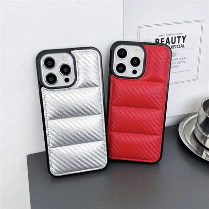 For iPhone 16 Pro Max Case Carbon Fiber Puffer Jacket Leather+TPU Shockproof Phone Cover