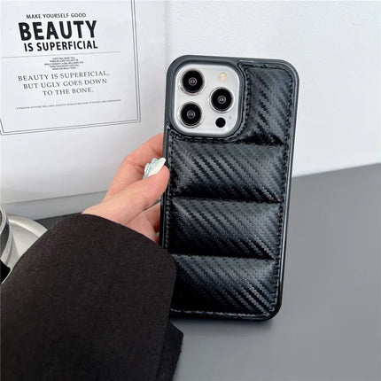 For iPhone 16 Pro Max Case Carbon Fiber Puffer Jacket Leather+TPU Shockproof Phone Cover