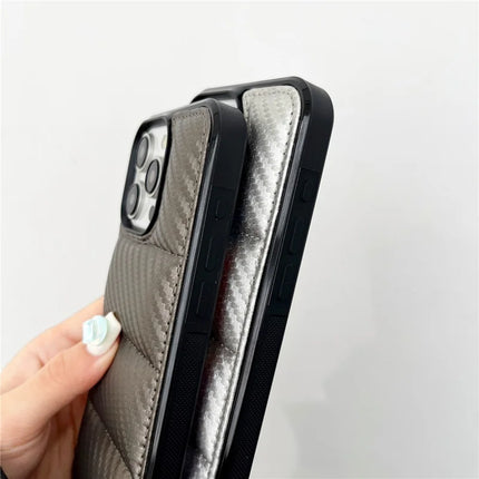 For iPhone 16 Pro Max Case Carbon Fiber Puffer Jacket Leather+TPU Shockproof Phone Cover
