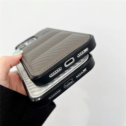 For iPhone 16 Pro Max Case Carbon Fiber Puffer Jacket Leather+TPU Shockproof Phone Cover