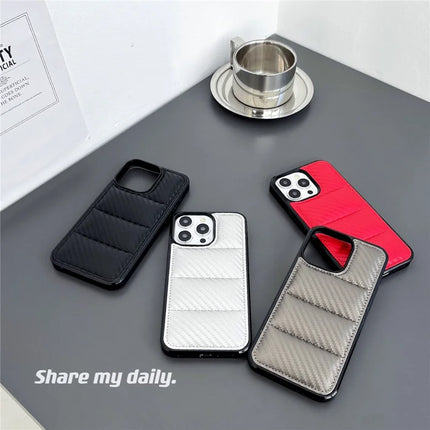 For iPhone 16 Pro Max Case Carbon Fiber Puffer Jacket Leather+TPU Shockproof Phone Cover