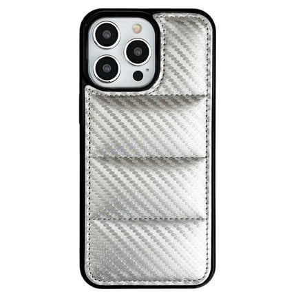 For iPhone 16 Pro Max Case Carbon Fiber Puffer Jacket Leather+TPU Shockproof Phone Cover - White