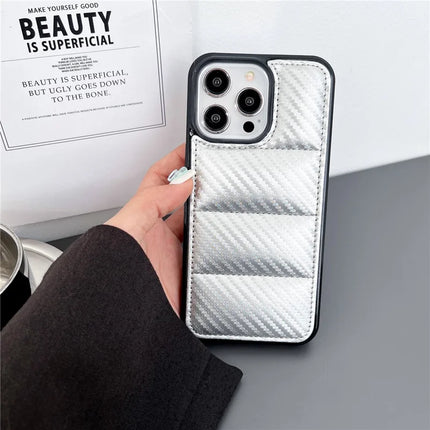 For iPhone 16 Pro Max Case Carbon Fiber Puffer Jacket Leather+TPU Shockproof Phone Cover