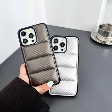 For iPhone 16 Pro Max Case Carbon Fiber Puffer Jacket Leather+TPU Shockproof Phone Cover