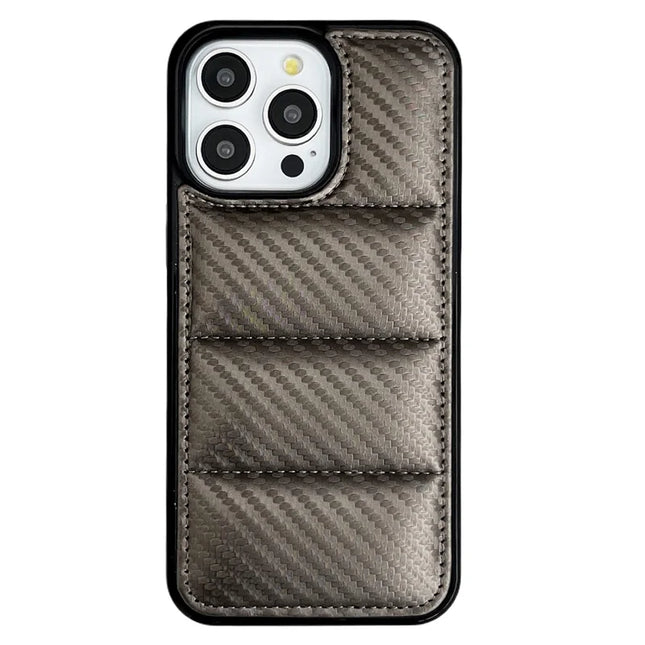 For iPhone 15 Pro Max Case Carbon Fiber Puffer Jacket Leather+TPU Shockproof Phone Cover - Grey