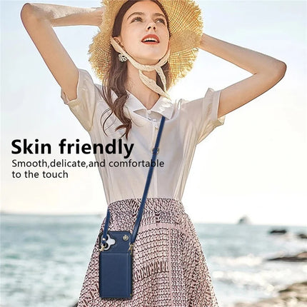 BKS-003 For iPhone 16 Case Tri-Fold Card Holder Kickstand TPU+Leather Back Cover with Shoulder Strap