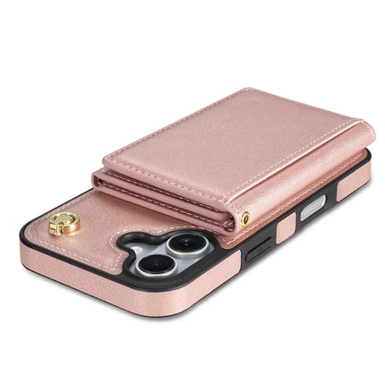 BKS-003 For iPhone 16 Case Tri-Fold Card Holder Kickstand TPU+Leather Back Cover with Shoulder Strap
