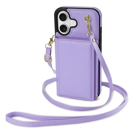 BKS-003 For iPhone 16 Case Tri-Fold Card Holder Kickstand TPU+Leather Back Cover with Shoulder Strap