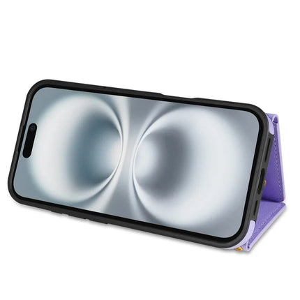 BKS-003 For iPhone 16 Case Tri-Fold Card Holder Kickstand TPU+Leather Back Cover with Shoulder Strap