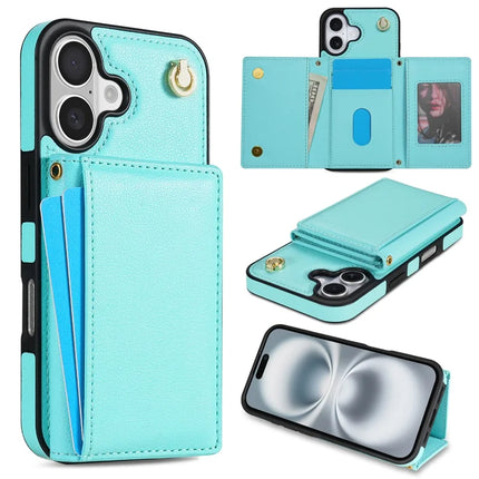 BKS-003 For iPhone 16 Case Tri-Fold Card Holder Kickstand TPU+Leather Back Cover with Shoulder Strap - Green