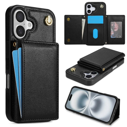 BKS-003 For iPhone 16 Plus Case Tri-Fold Card Holder Kickstand TPU+Leather Back Cover with Shoulder Strap - Black